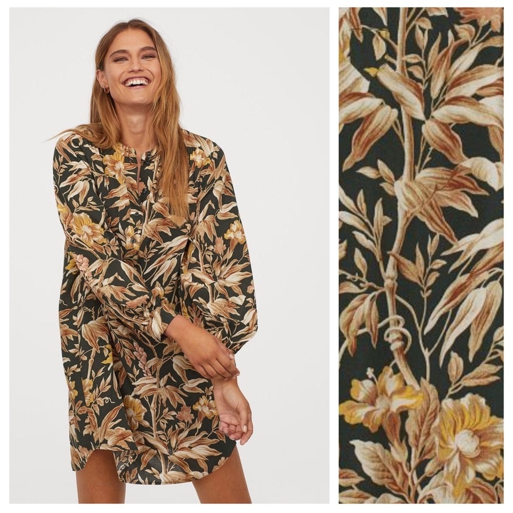 H&M Dark Green Floral Balloon Sleeved Dress